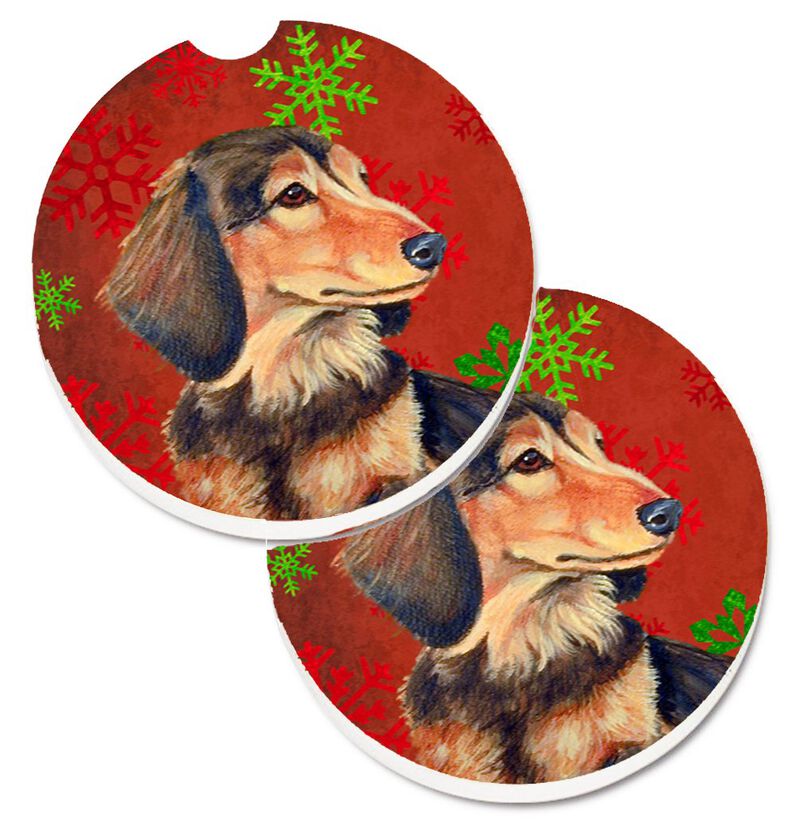 Caroline's Treasures Dachshund Red & green Snowflakes Holiday Christmas Set of 2 Cup Holder Car Coasters LH9346CARC, 2.56, Multicolor image number 0