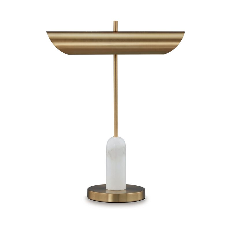 Leon 20 Inch Desk Lamp, Round Base, USB Port, Gold Metal, White Marble - Benzara