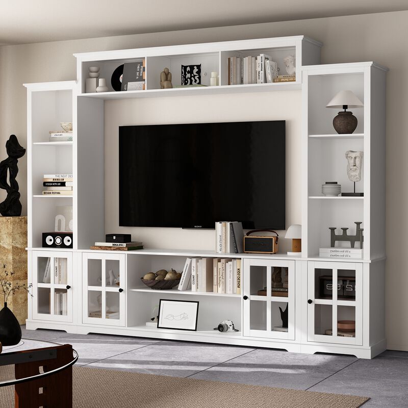 FUFU&GAGA 102-inch Modern TV Media Cabinet with Glass Cabinet Doors, Open Shelves, and Drawers, Made of White PB Board (102 in. W x 14.6 in. D x 78.2 in. H)