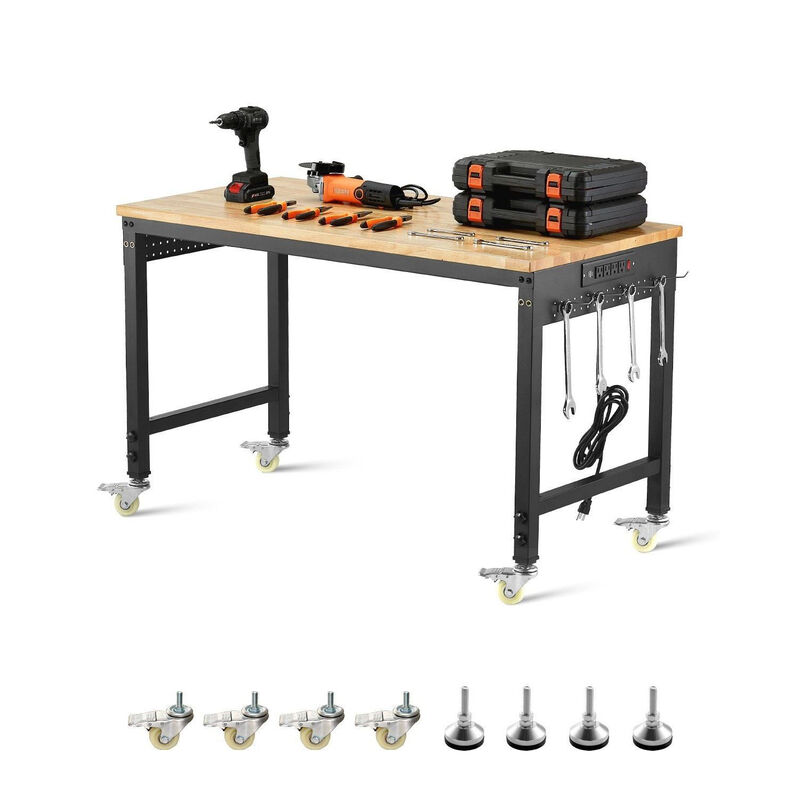 Adjustable Workbench with Power Outlet, Pegboard and Wheels Heavy Duty Wood Top image number 8