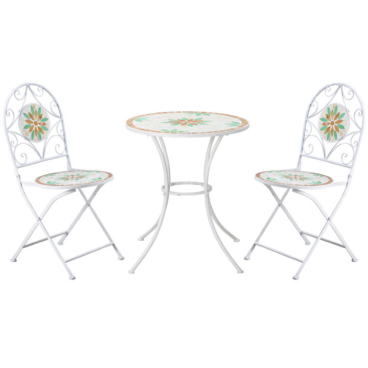 3pc Outdoor Patio Dining Set, Folding Chair 2, Table, Spring Flower Stone Mosaic