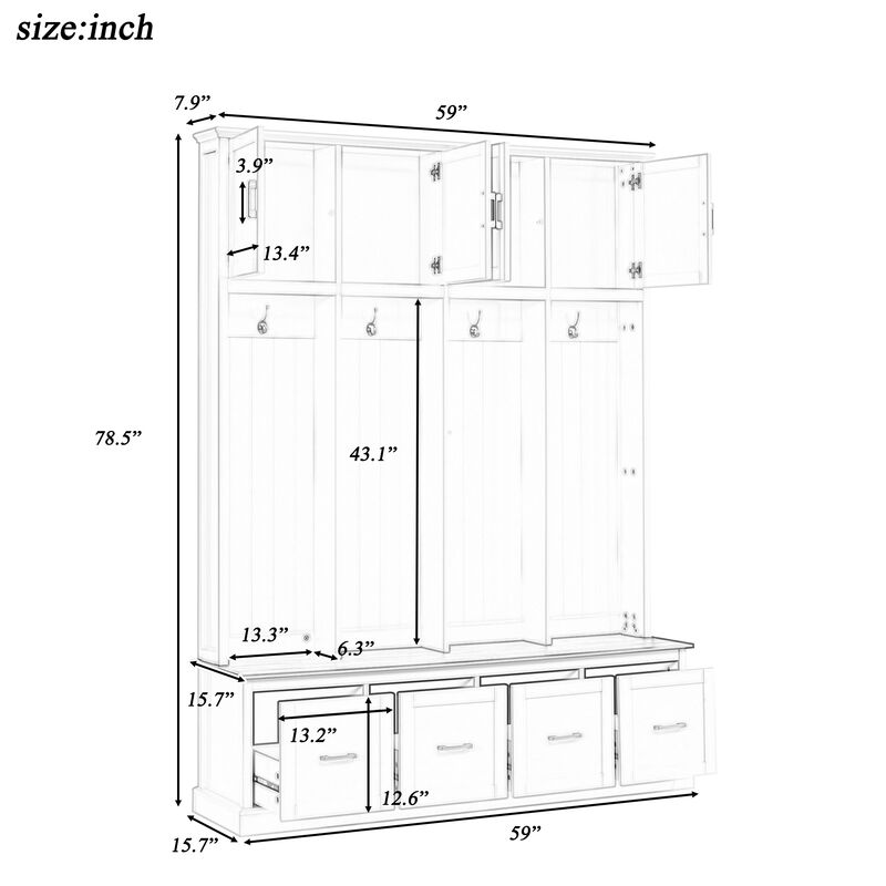 Merax All-in-One Entryway Hall Tree with Hanging Hooks, Upper Cabinet, 3 Drawers & Seating Bench image number 3