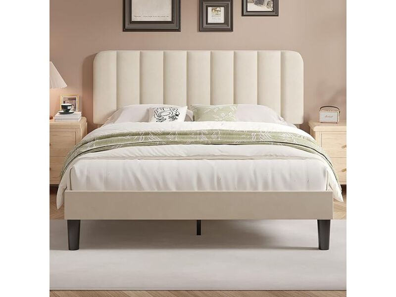 Full Upholstered Bed Frame &ndash; Velvet Platform with Tufted Headboard & Slat Support, Beige image number 1