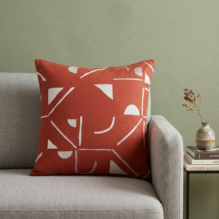 HomeRoots 20" Orange and Ivory Geometric Cotton Blend Throw Pillow With Embroidery