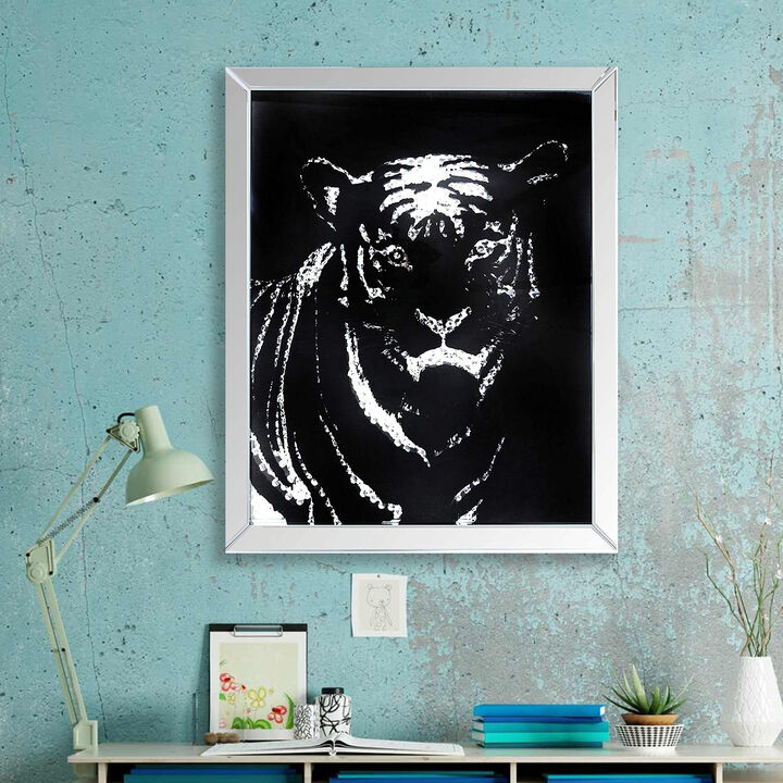 Rectangular Mirror framed Tiger Wall Decor With Crystal Inlays, Black & Silver