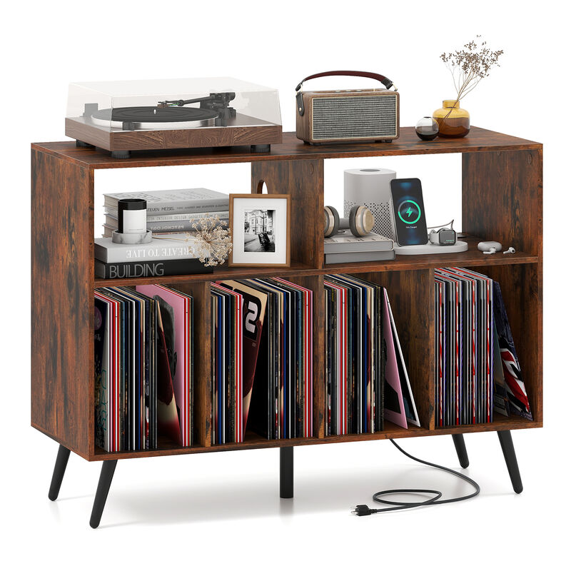 Record Player Stand with Charging Dock and Open Shelves for Media-Rustic Brown image number 3