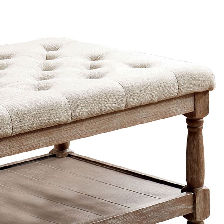 Button Tufted Fabric Upholstered Bench with Bottom Shelf, Beige and Brown-Benzara