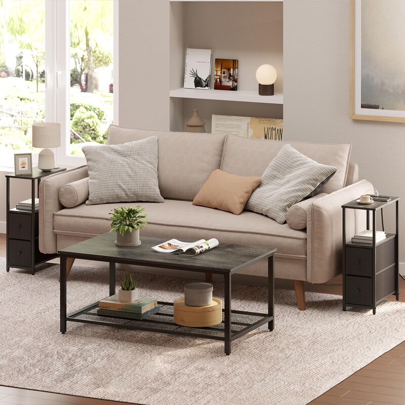 TUTOTAK Small Narrow End Table with Charging Station, Set of 2, Side Table with Outlets, Nightstand with 2 Cloth Drawers, Couch