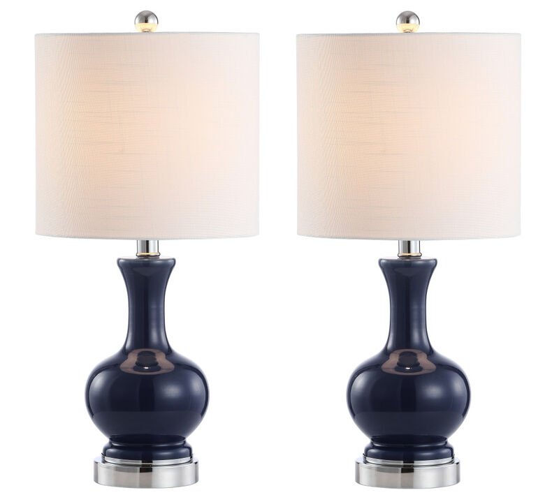 HomeRoots Set of Two 22" Navy Blue And Silver Gourd Bedside Lamps With Drum Shades image number 0