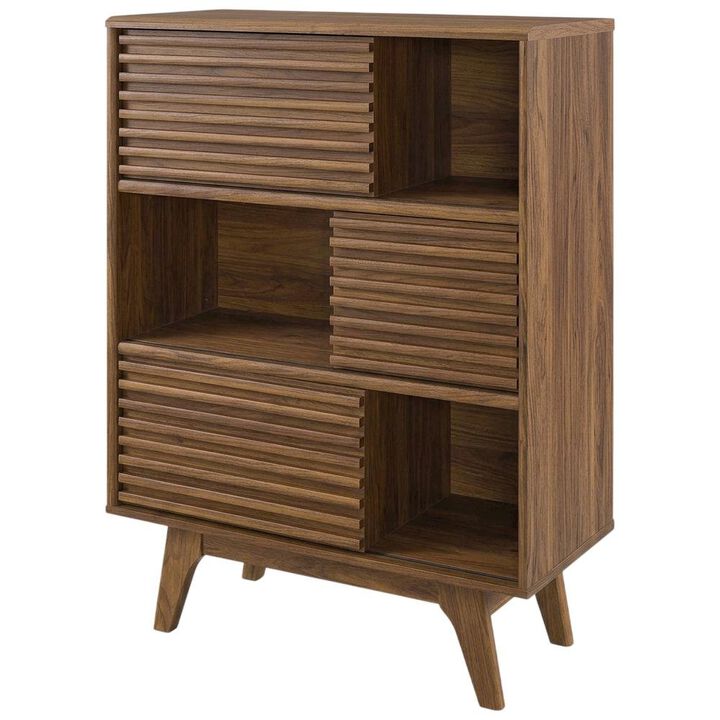 Mid-Century Modern Three-Tier Display Cabinet with Bookshelf Storage, Walnut