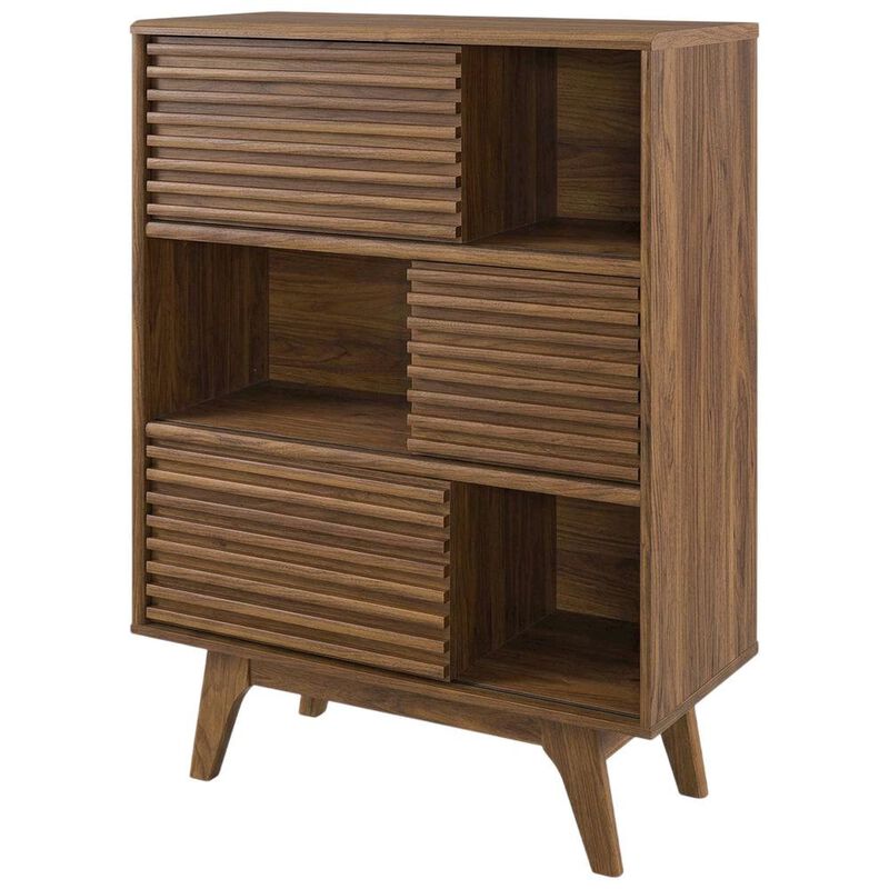 Mid-Century Modern Three-Tier Display Cabinet with Bookshelf Storage, Walnut image number 1