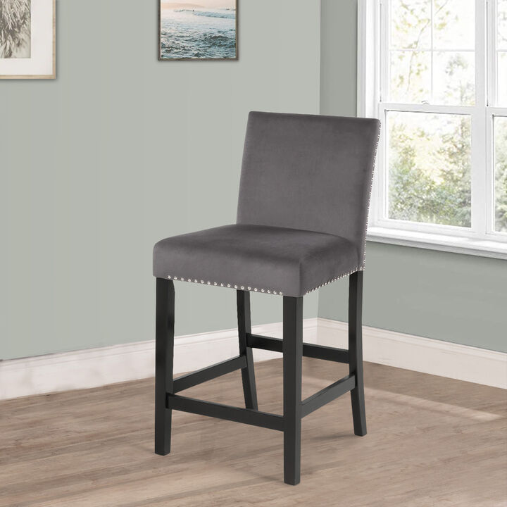Kate 40 Inch Wooden Counter Height Chair with Velvet Seat, set of 2, Gray