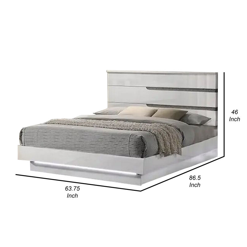 Peis Queen Size Bed, LED, Crystal Accents, Modern Design, Glossy White - Benzara