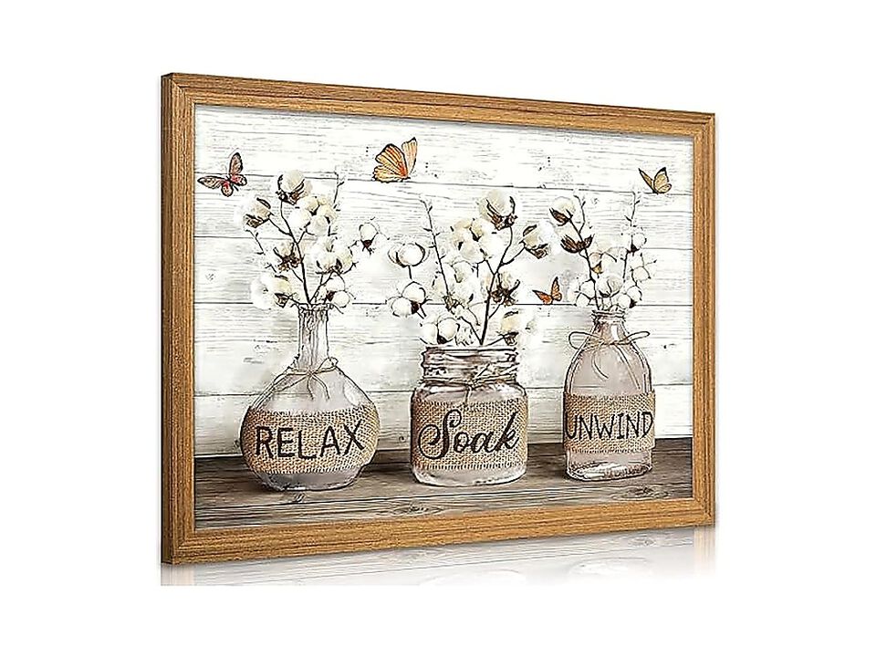 Framed Farmhouse Bathroom Canvas Wall Art Brown Rustic Cotton Flower Decor Relax