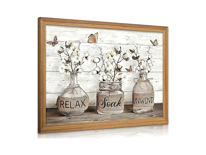 Framed Farmhouse Bathroom Canvas Wall Art Brown Rustic Cotton Flower Decor Relax image number 0
