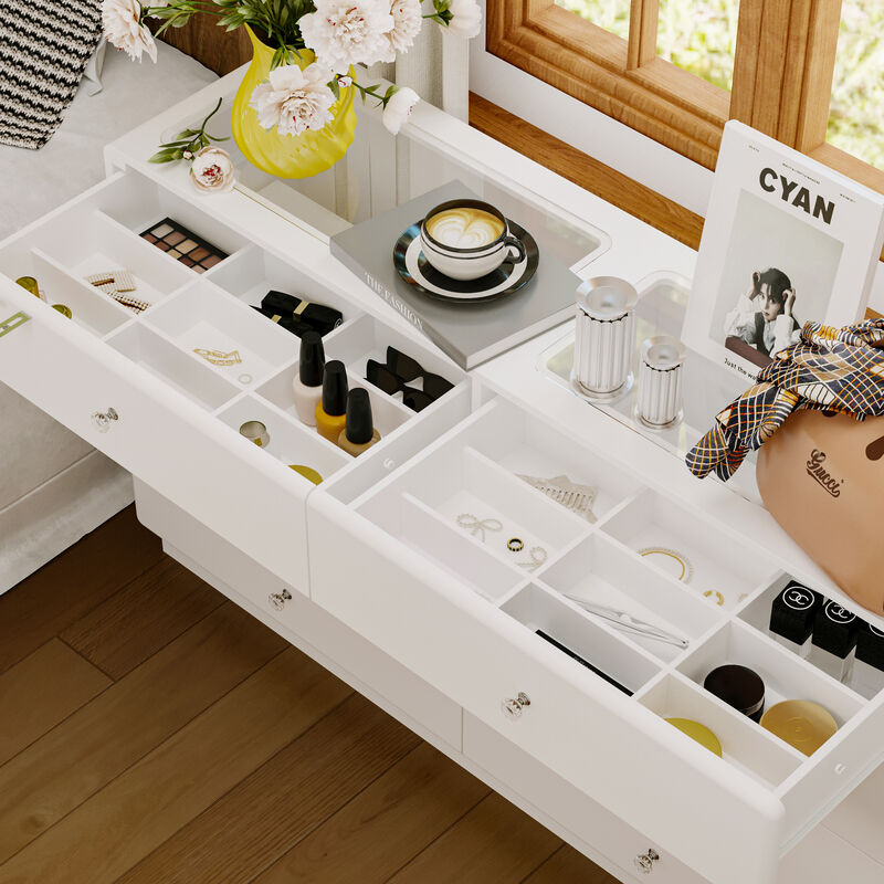FUFU&GAGA Vanity Dresser with Glass-Top Display, 8 Drawers, LED Light, Adjustable Dividers, MDF (55.1" W x 13.8" D x 31.5" H), White