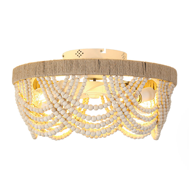 20" Beige Wood Beaded 4-Light Flush Mount Smart Ceiling Fan with Remote and Light Kit