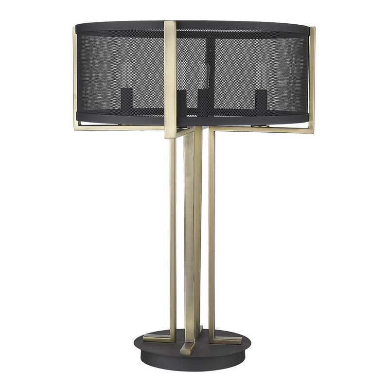 HomeRoots 25" Brass Metal Four Light Geometric Table Lamp With Black Drum Shade image number 0