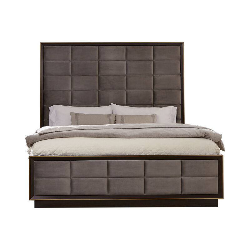 Hena California King Bed, Grid Tufted Taupe Upholstered Tall Panel Headboard - Benzara