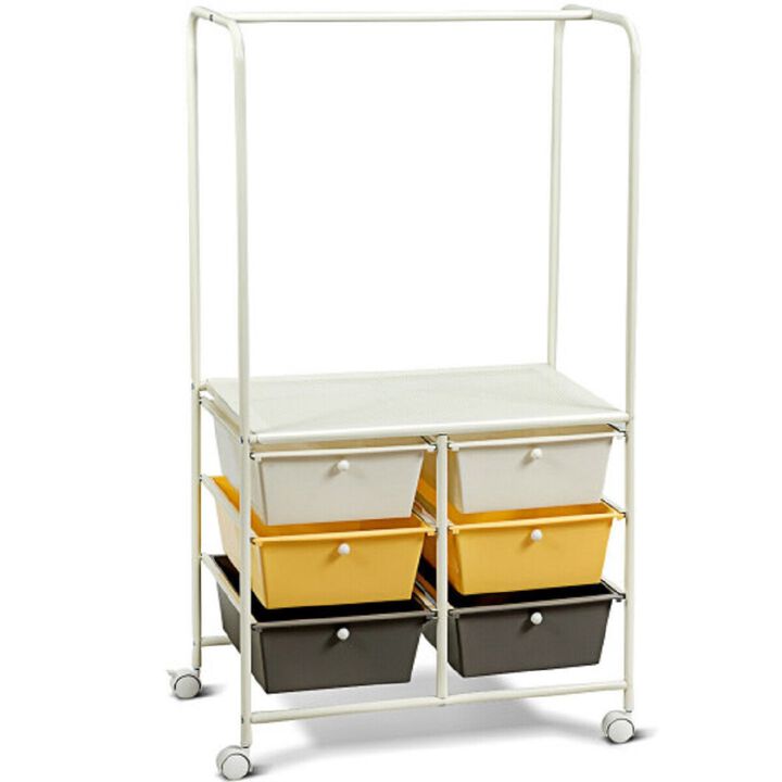 6 Drawer Rolling Storage Cart with Hanging Bar