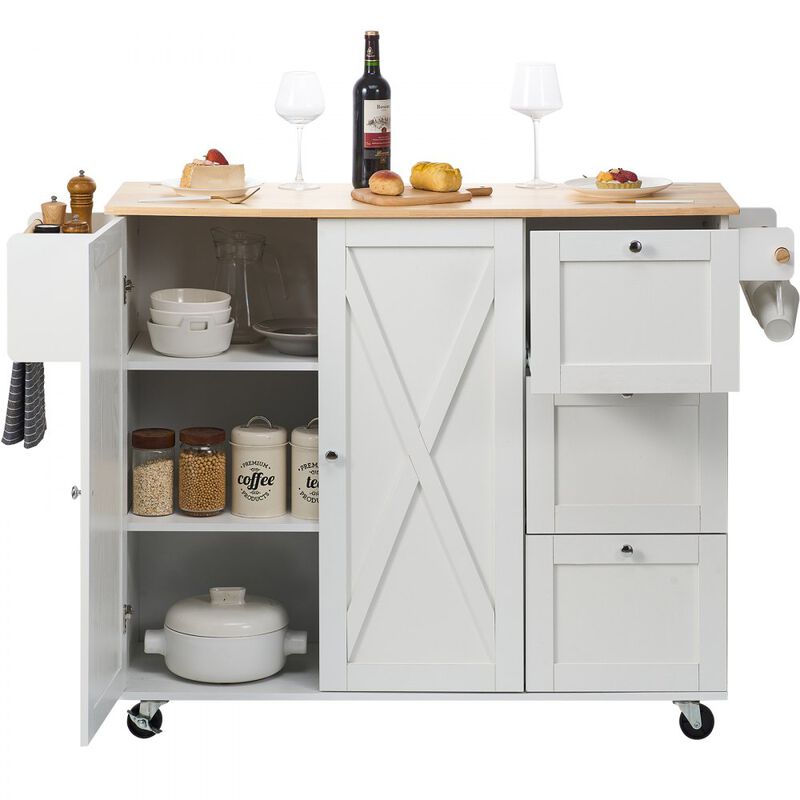 Portable Kitchen Island on Wheels with Spice Rack, Towel Rack, and Wood Top