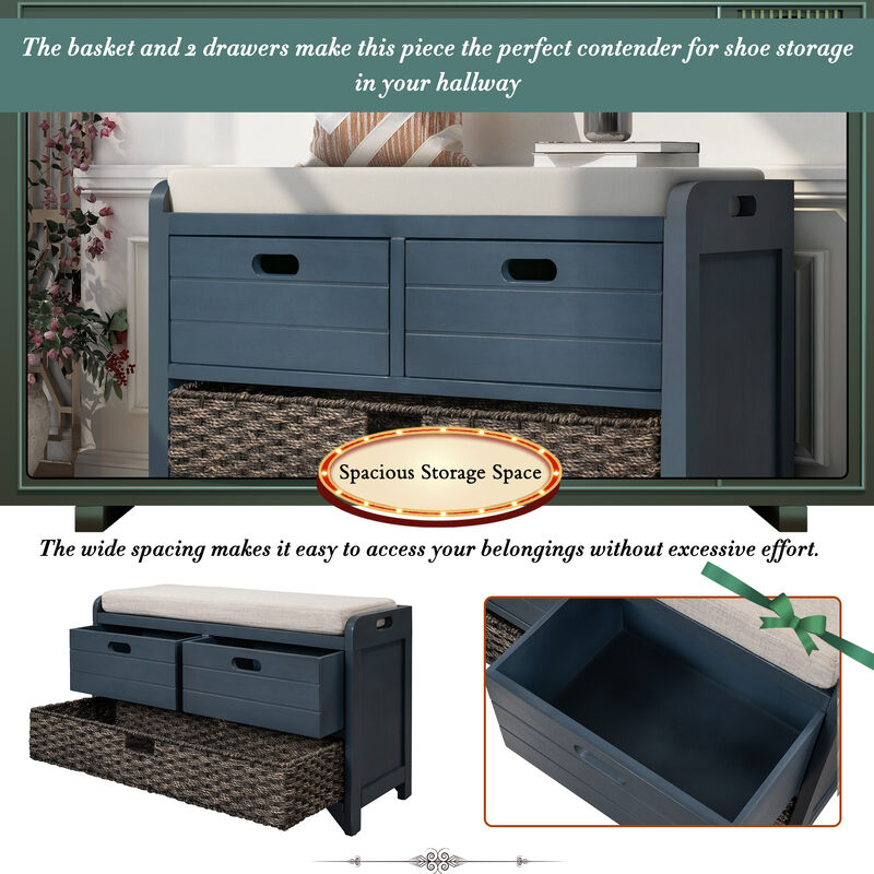 Whisen Storage Bench with Removable Basket and 2 Drawers - Navy