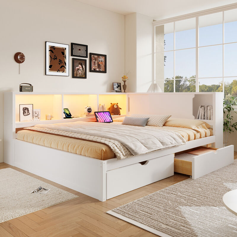 Merax Wooden Queen Daybed with Storage Shelves, LED Light Strip, USB image number 2