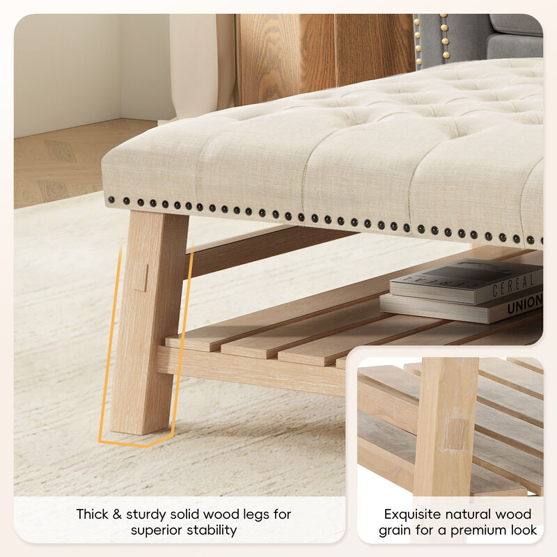 Merax Tufted Ottoman Coffee Table with Nailhead Trim & Storage Shelf &ndash; Solid Wood Legs image number 5