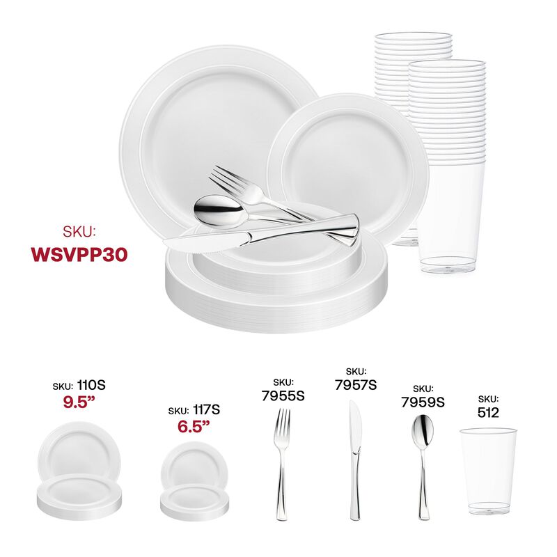 White with Silver Edge Rim Plastic Wedding Value Set (30 Sets) image number 5