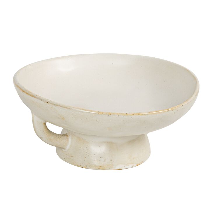 Stoneware Footed Pedestal/Bowl with Handles, Reactive Glaze, White