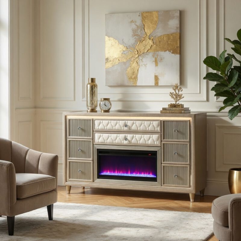 Maren Wide Dresser, 8 Drawers, LED Flame box, Velvet image number 8