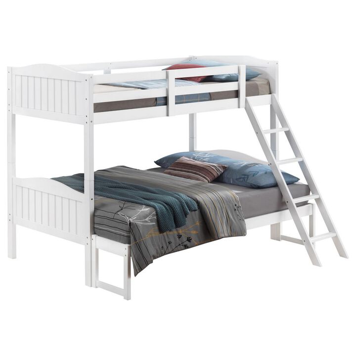 Laro Twin over Full Bunk Bed, Attached Ladder, Guard Rails, White Wood - Benzara