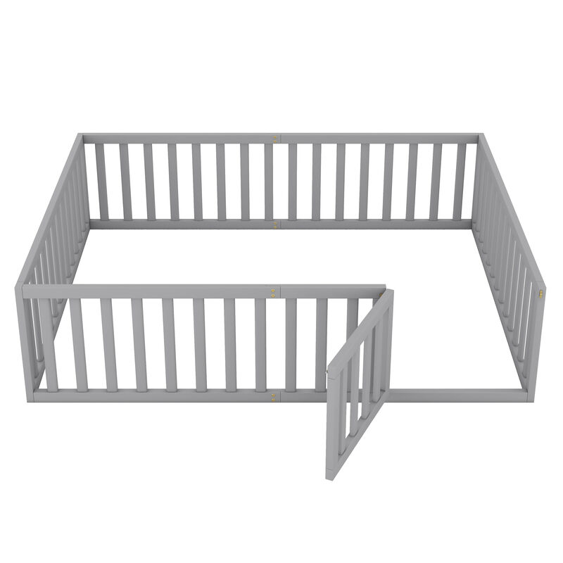 Merax Queen Size Wooden Floor Bed Frame with Safety Fence & Door image number 3