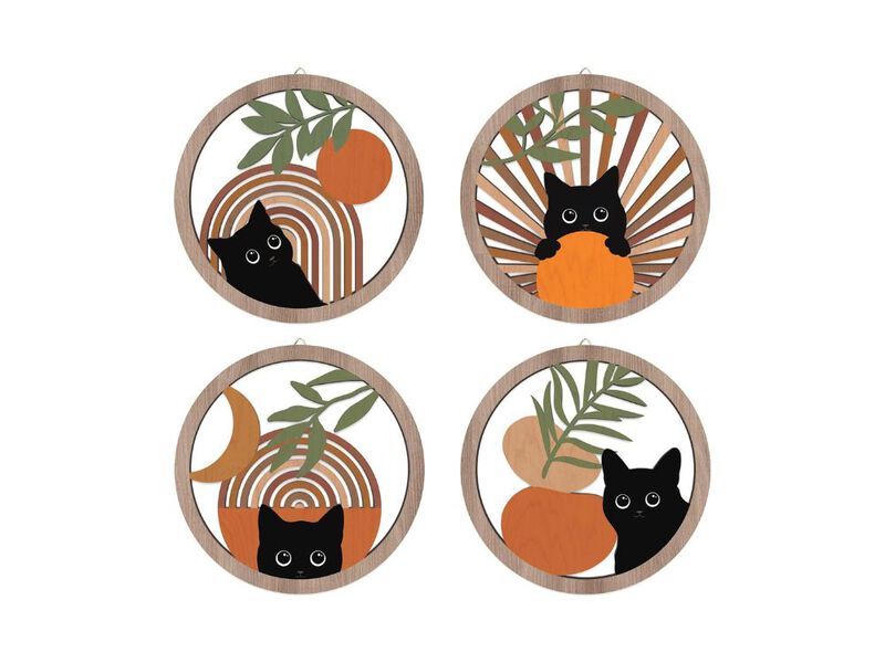 Set of 4 Boho Black Cat Wall Decor Wooden Geometric Art for Bedroom Home image number 0