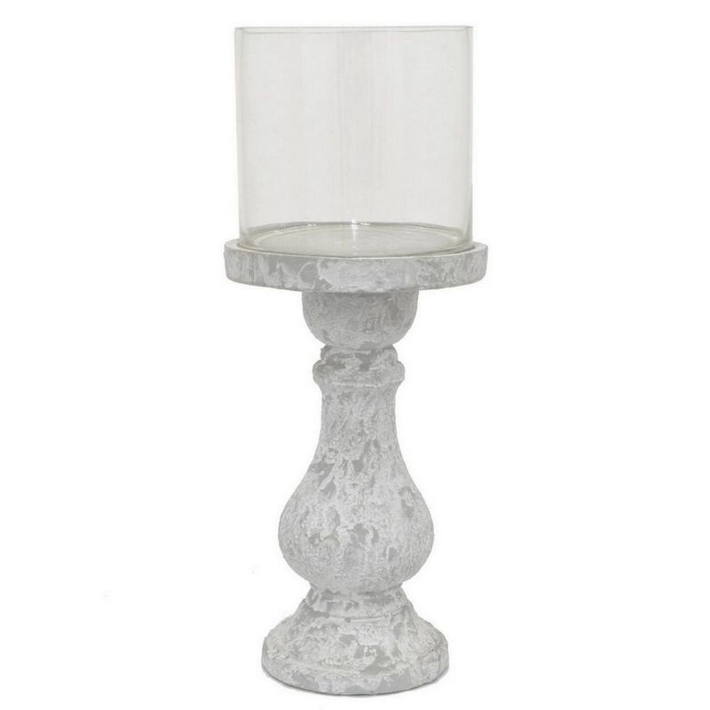 Kris Candle Holder with Hurricane Glass Top, White Gray Ceramic 7 Inch - Benzara