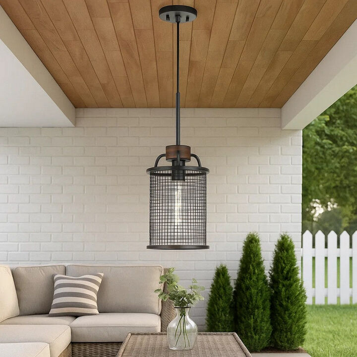 Cylindrical Grid Design Metal Chandelier with Wooden Accent, Black - Benzara