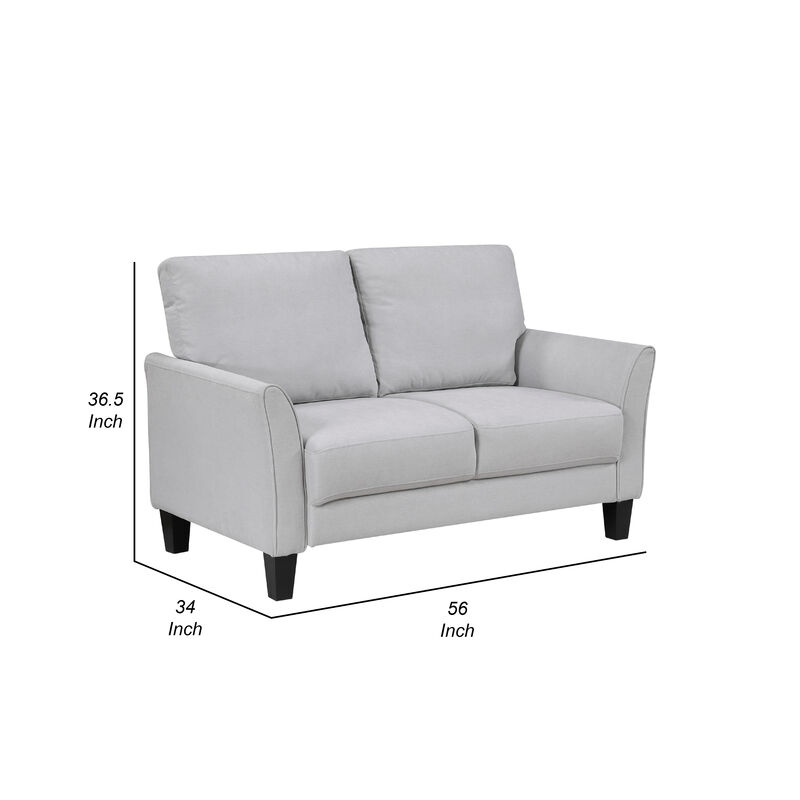 Xumo Loveseat, Light Gray Fabric, 56 Inch, Black Tapered Wood Legs - Benzara