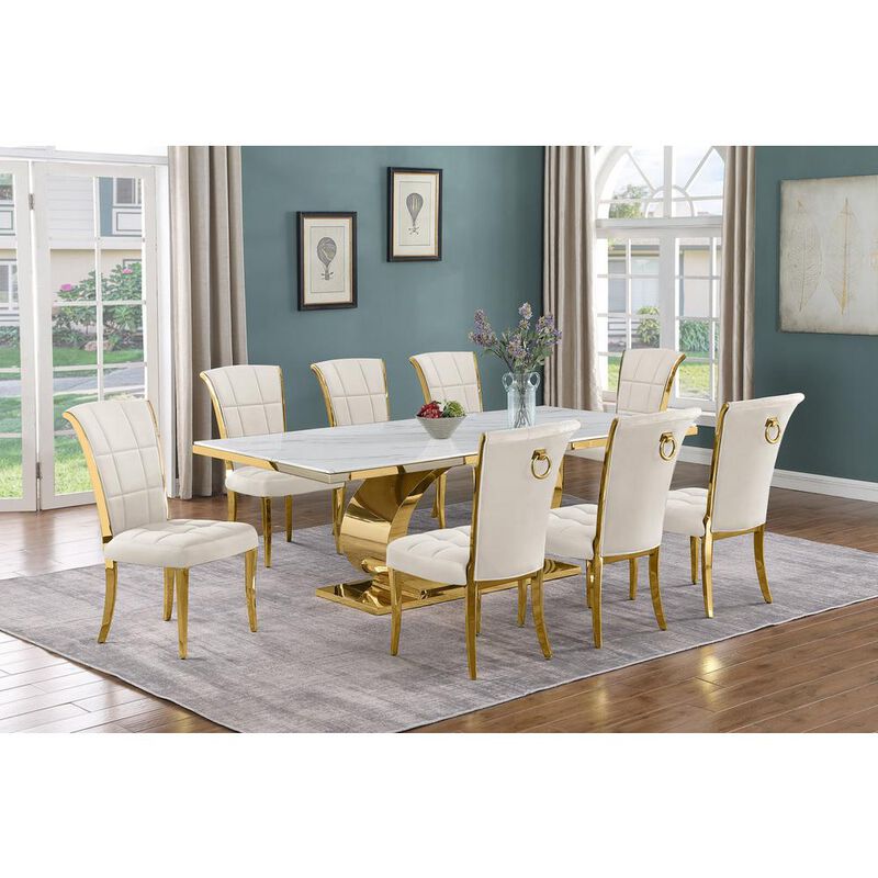 Best Quality Furniture 9pc Large(87) marble top dining set with gold base and 8 Cream side chairs image number 1