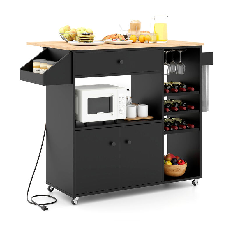 Drop Leaf Mobile Kitchen Island Cart with Power Outlet and Adjustable Shelf