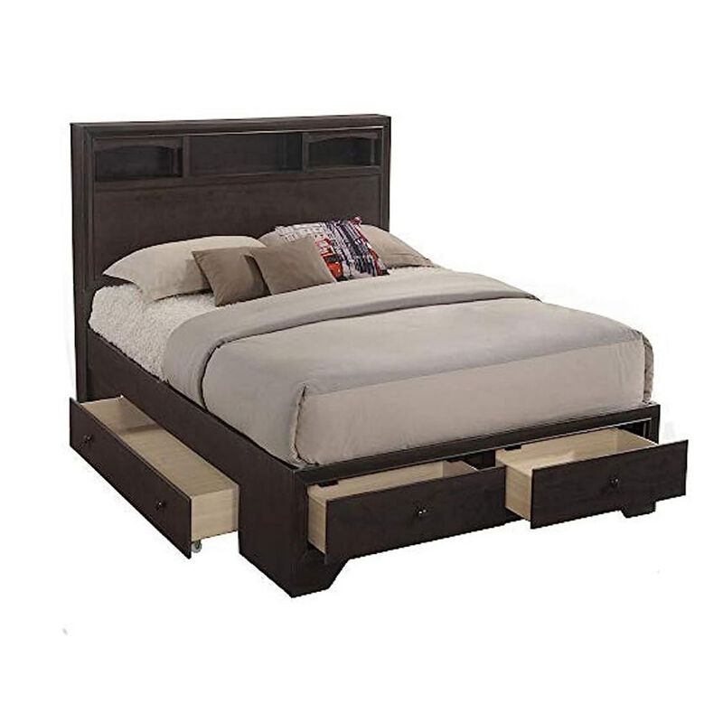 Queen Size Bed with 4 Storage Drawers, Bookcase Headboard, Walnut Brown
