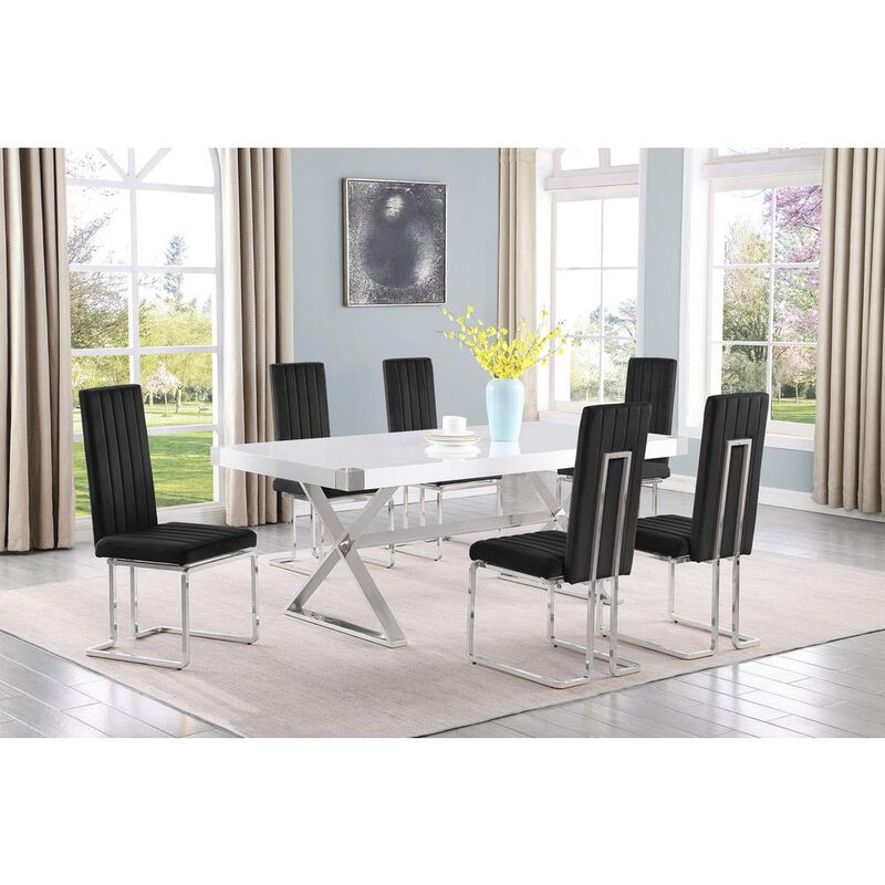 Best Quality Furniture 7pc Small(78) white wood top dining set with silver base and 6 chairs