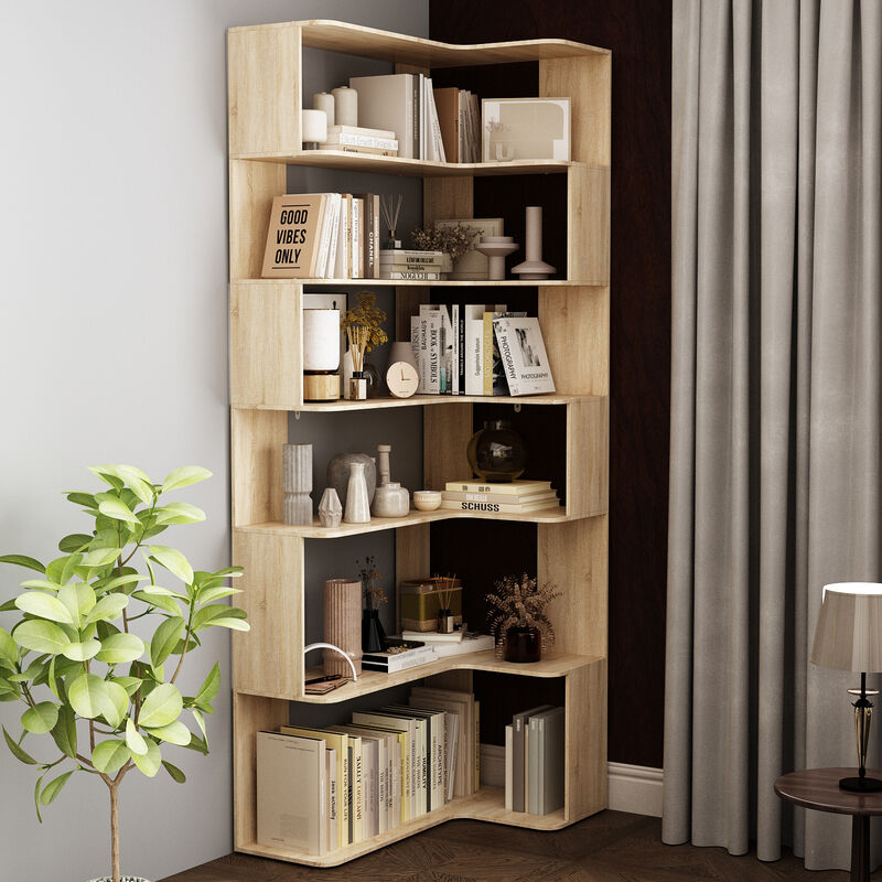 35.4 in. Wide Bright Wood Grain 7-Shelves Accent Bookcase, Open Back Bookshelf, Corner Bookcase (82 in. H x 23.6 in. D)