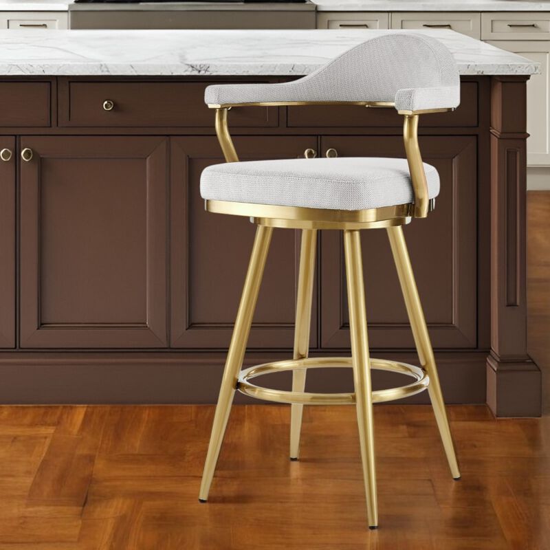 HomeRoots 26" Silver and Gold Fabric and Stainless Steel Counter Height Swivel Bar Chair image number 1