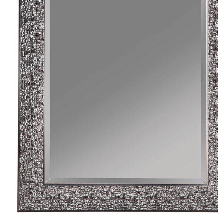 Rectangular Beveled Accent Floor Mirror with Glitter Mosaic Pattern, Gray - Benzara
