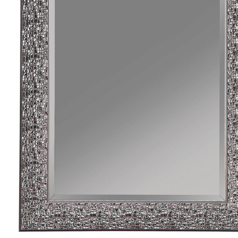 Rectangular Beveled Accent Floor Mirror with Glitter Mosaic Pattern, Gray - Benzara
