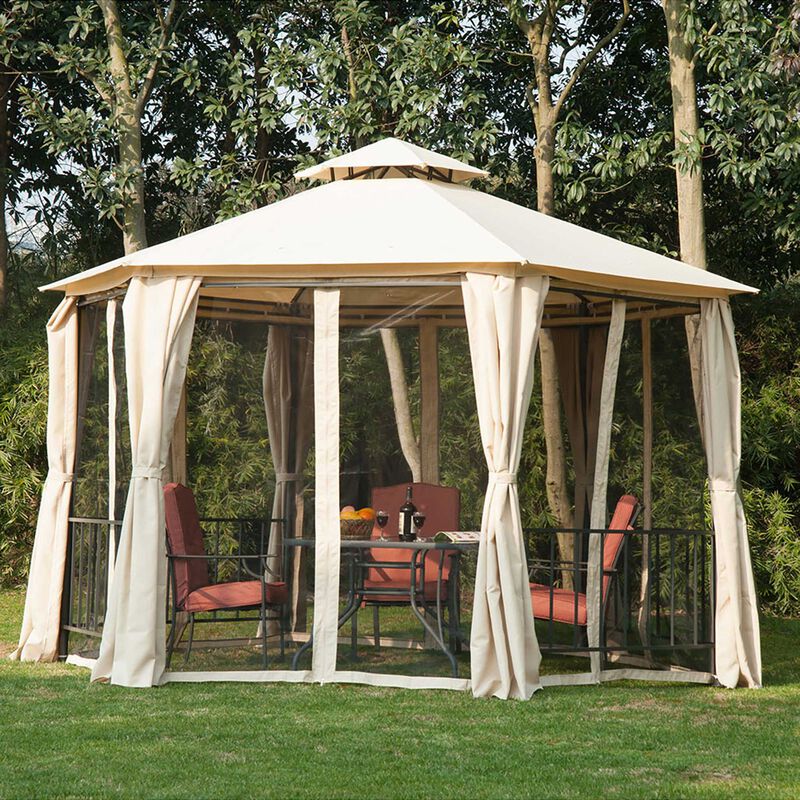 13' x 13' Party Tent 2 Tier Outdoor Hexagon Patio Canopy, Mesh Nettings, Curtains, Double Vented Roof Gazebo, UV and Water Protection, Beige
