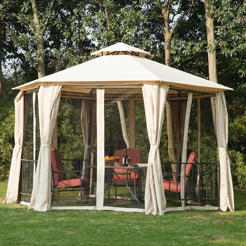 Beige Party Pavilion: 13'x13' Hexagon Canopy with Mesh & Curtains