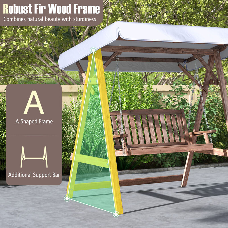 2-Person Porch Swing with Fir Wood Stand and Tilt Canopy