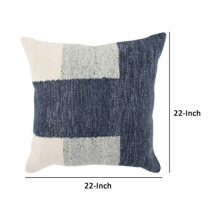 22 Inch Square Accent Throw Pillow, Color Block Pattern, Blue, Gray, White-Benzara