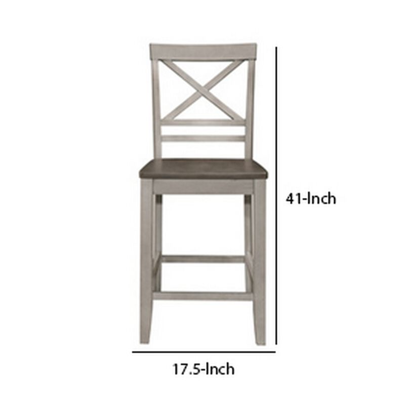 Brian 23 Inch Counter Chair, Crossbuck Backrest, Rustic Gray Wood, Brown-Benzara
